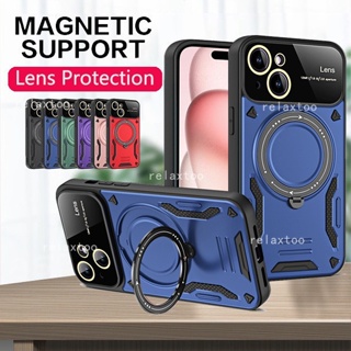 For iPhone 14 15 Pro Max Plus 14Plus 5G Metal Magnetic Holder Armor Ring Phone Case For iPhone 15ProMax 15Plus 15Pro Bracket Camera Lens Protect Shockproof Hard Casing Back Cover