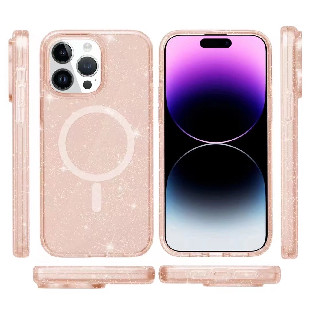 Luxury Star Glitter GOLD สําหรับ IPhone 17 16 15 14 Pro Max Plus Glossy Bling Clear Hard กันกระแทกเงาโปร่งใสกรณีแม่เหล็ก Attraction อุปกรณ์เสริม