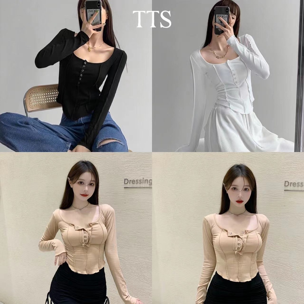 TTS🍒เสื้อคอยูแขนยาวมีกระดุมหน้า ทรงรัดรูปคอกว้างได้โชว์หน้าอกเซกซี่