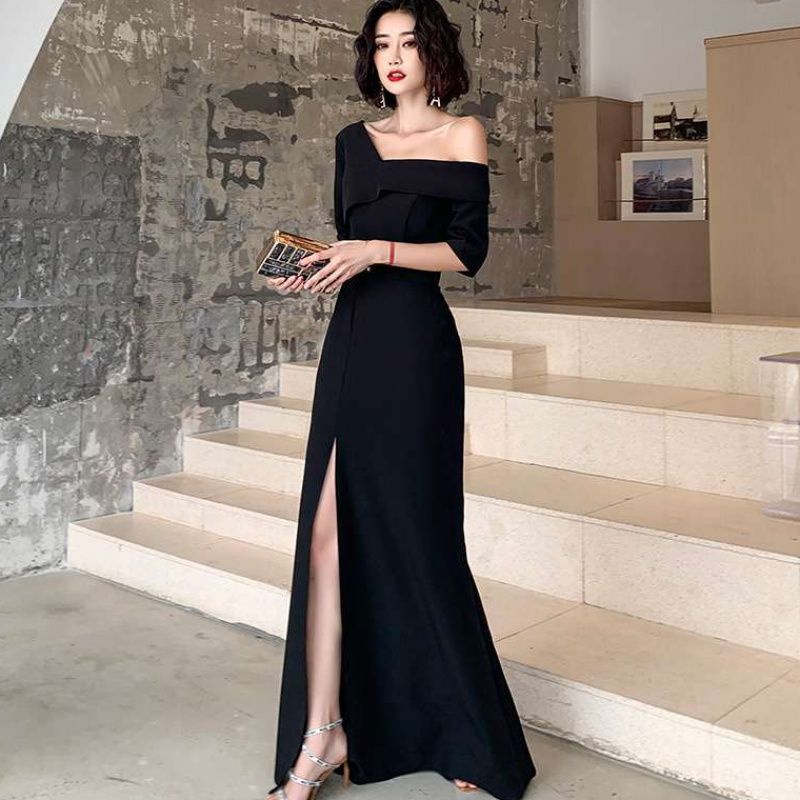 【imove 】ชุดเดรสยาว เปิดไหล่ข้างเดียว สีดํา หรูหรา สําหรับผู้หญิง ใส่ไปงานเลี้ยงตอนเย็น