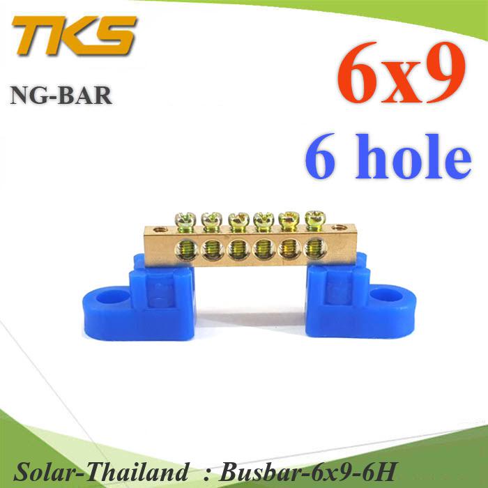 บัสบาร์ บาร์รวมสาย กราวด์ นิวตรอน ขนาด 6x9 มม. พร้อมขายึด 6 ช่อง รุ่น Busbar-6x9-6H