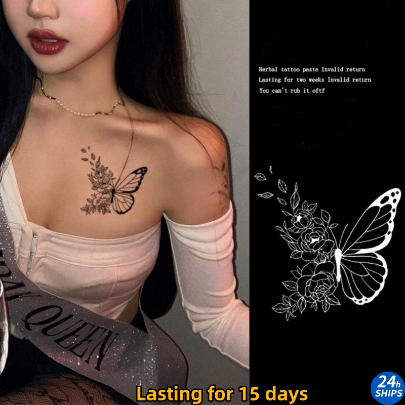 สติกเกอร์รอยสักชั่วคราว ลายปีกดอกไม้ ผีเสื้อ เซ็กซี่ กันน้ํา ติดทนนาน 15 วัน