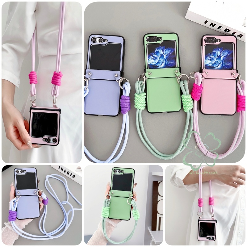 เชือกถักสีสันสดใสเคสหนังcrossbody Samsung Galaxy Z Flip 6 Z Flip 5 Z Flip 4 Z Flip 3 บานพับป้องกันข้อมือโซ่ปลอกGalaxy Z Flip5 Flip4 Flip3 Hard PC Shell