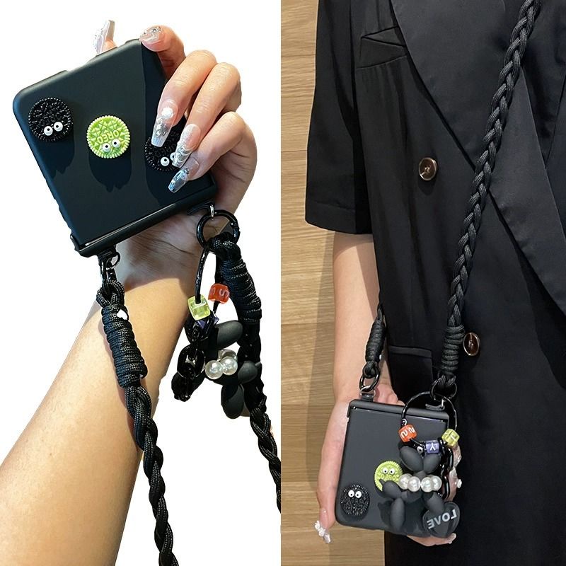 Lushuo เคสโทรศัพท์มือถือ PC แข็ง ปิดด้านหลัง แบบฝาพับ 3 in 1 พร้อมสายคล้อง สีดํา แฟชั่น สําหรับ OPPO Find n3 N2 Flip Find N2 n3 findn2 3
