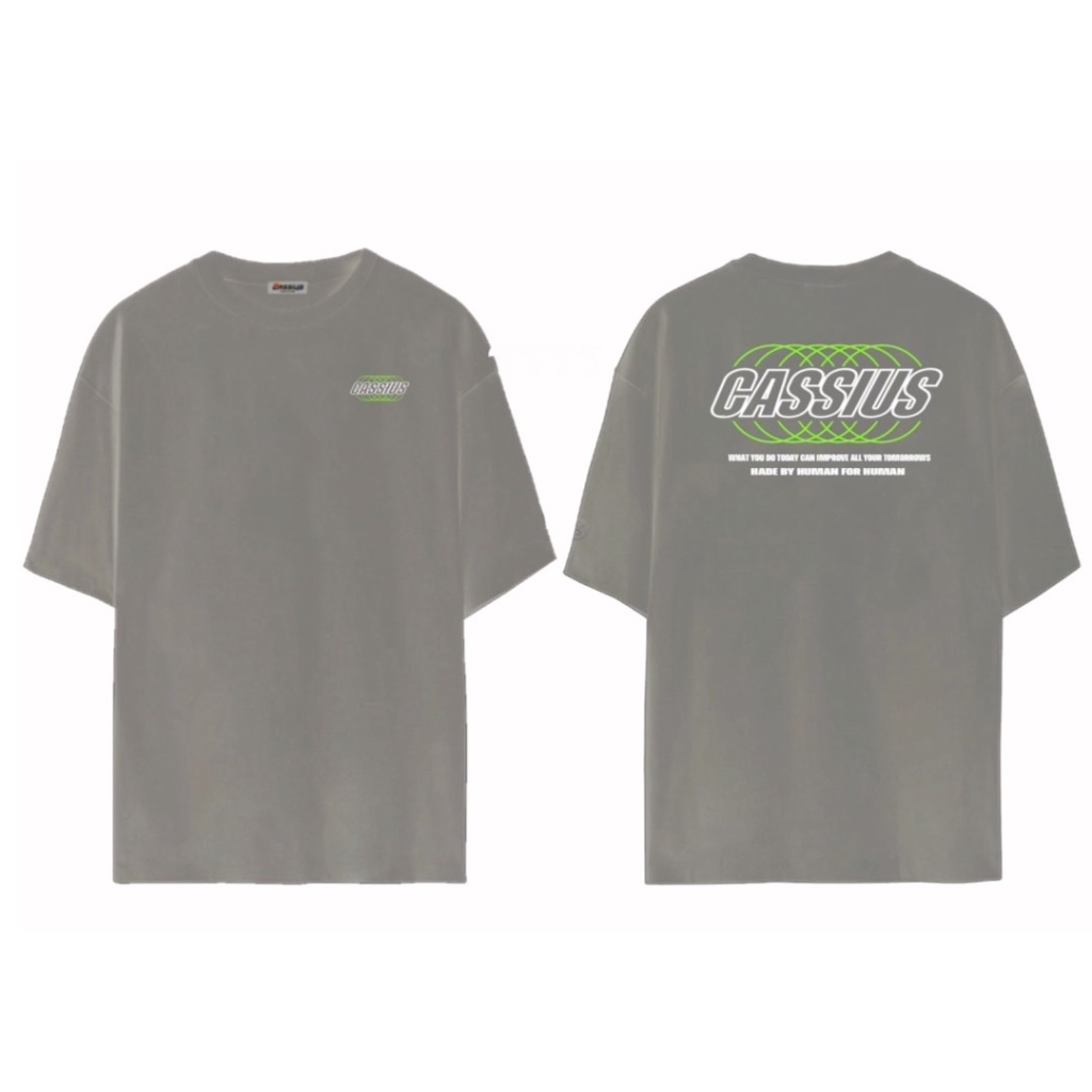 ความร้อน CASSIUS PREMIUM COTTON OVERSIZE สกรีนลาย พรีเมี่ยม CASSIUS LOGOวงกลมเขียว เทา