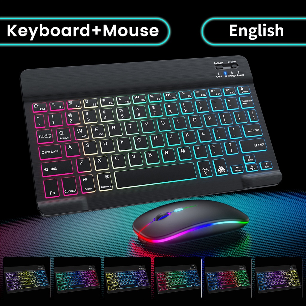 【ไทยแลนด์สปอต】 คีย์บอร์ดและเมาส์ Bluetooth ไร้สายแบบ Backlit พร้อมมีไฟRGB ไฟ LED สำหรับ lPad Laptop Android Tablet