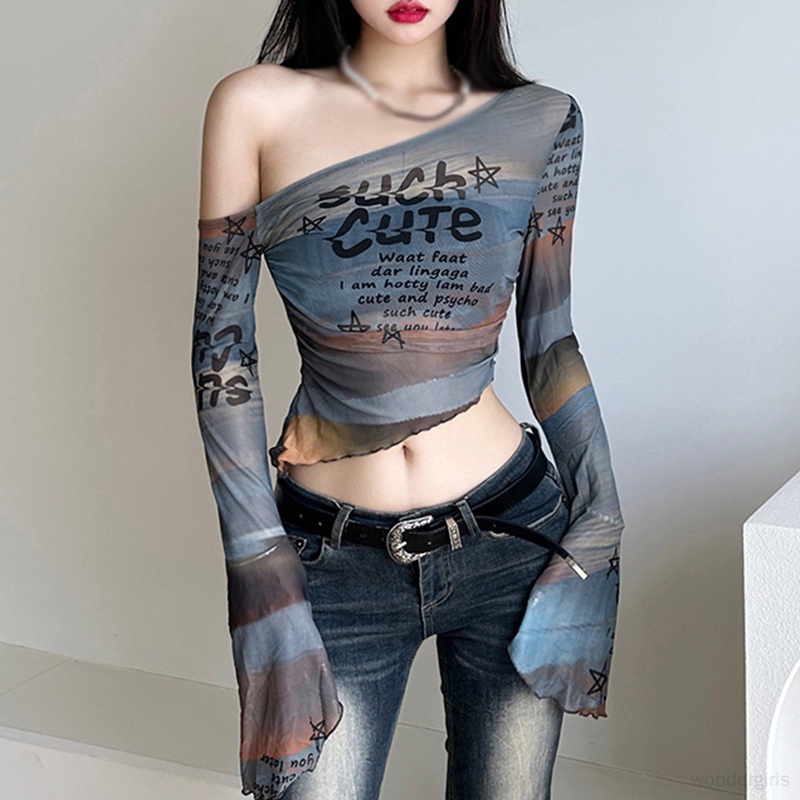 เสื้อครอปท็อป แขนยาว ผ้าตาข่าย พิมพ์ลายตัวอักษร ป้องกันแดด สําหรับผู้หญิง