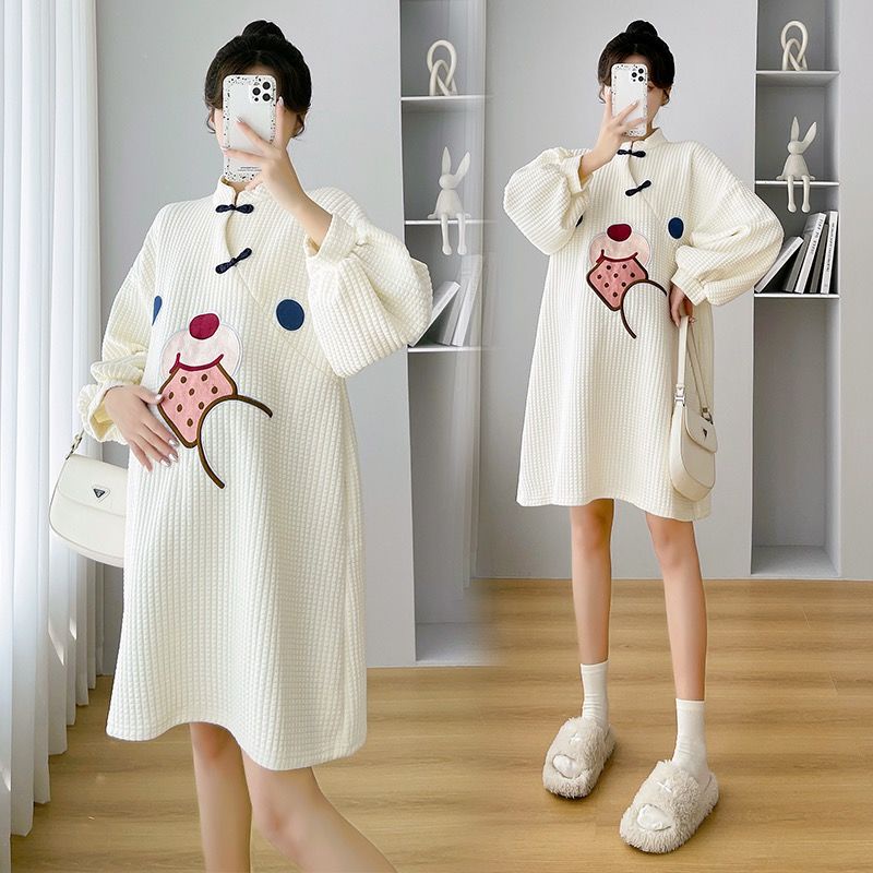 พร้อมส่ง✨ สไตล์เกาหลีแฟชั่นน่ารักการ์ตูนพิมพ์สบายหลวมชุดคลุมท้อง cheongsam รุ่นการ์ตูนชุดกระโปรง