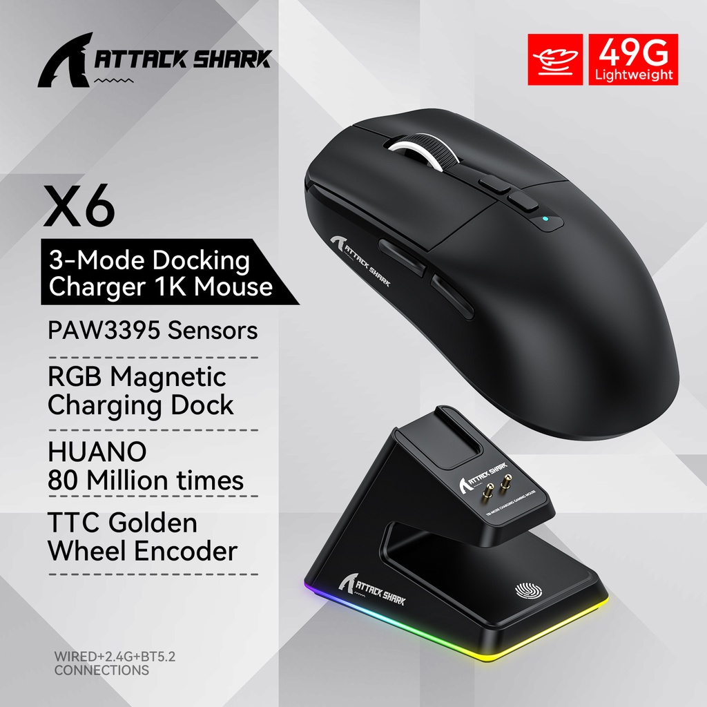 Attack Shark X6 PAW3395 เมาส์ไร้สาย สามโหมด ฐานชาร์จ RGB