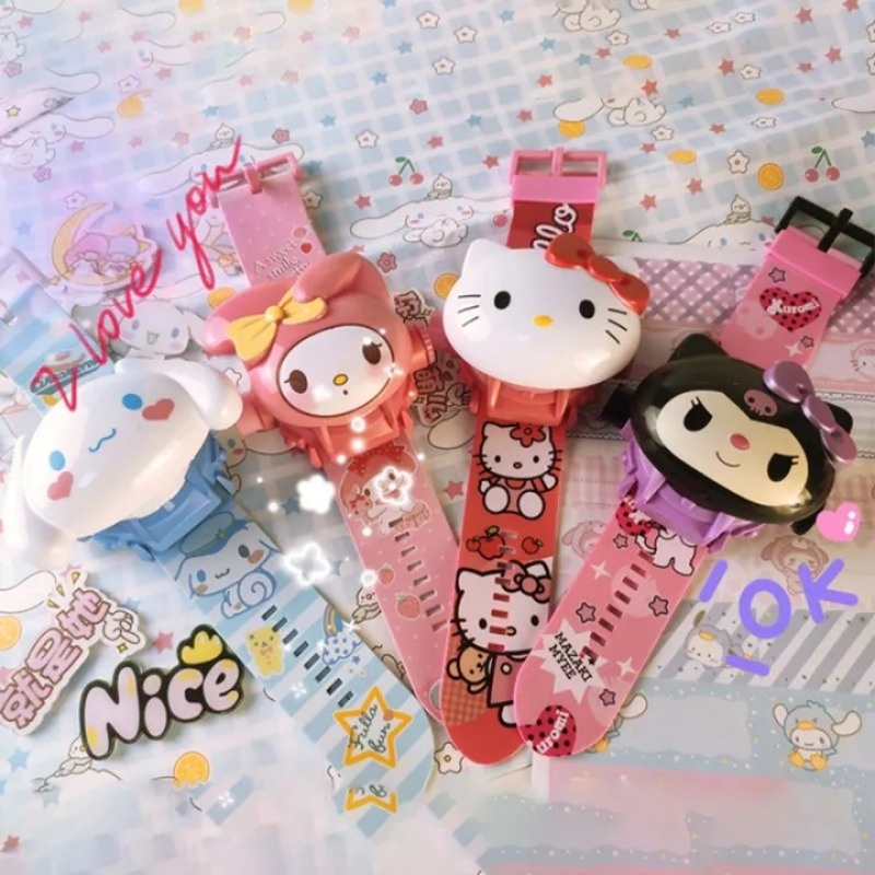 Kawaii Sanrio นาฬิกาข้อมือดิจิทัล ฉายภาพการ์ตูน Hello Kitty 3D สําหรับเด็กผู้ชาย และเด็กผู้หญิง