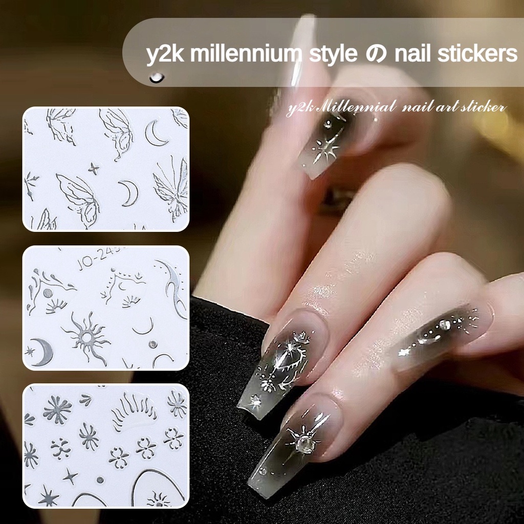 y2k สติ๊กเกอร์ติดเล็บสีเงินสไตล์มิลเลนเนียล (มาพร้อมกับกาวด้านหลัง) / ผีเสื้อดาวดวงจันทร์ดวงอาทิตย์กระจกวิเศษวงกลมเล็บสติ๊กเกอร์
