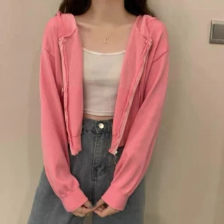 พร้อมส่ง เสื้อครอปมีฮู้ดเเขนยาวสีสันสดใสน่ารักสำหรับผู้หญิง
