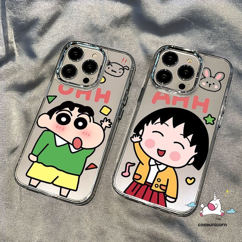 เคสโทรศัพท์มือถือคู่รัก แบบนุ่ม ลายการ์ตูนชิบิ มารุโกะจังน่ารัก ชุบโลหะ สําหรับ IPhone 15 14 13 11 12 Pro Max 7Plus XR 15 7 6 8 6S Plus X XS Max SE 2020