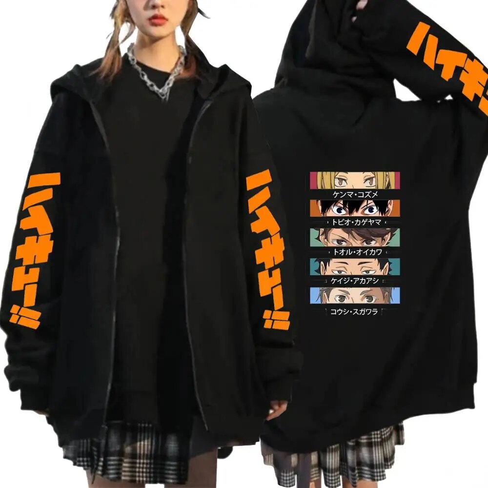 เสื้อแจ็กเก็ตกันหนาว มีฮู้ด แต่งซิป ลายการ์ตูนอนิเมะ Nekoma Karasuno Kenma Kozume Haikyuu สไตล์ฮาราจูกุ สําหรับนักเรียนมังงะ