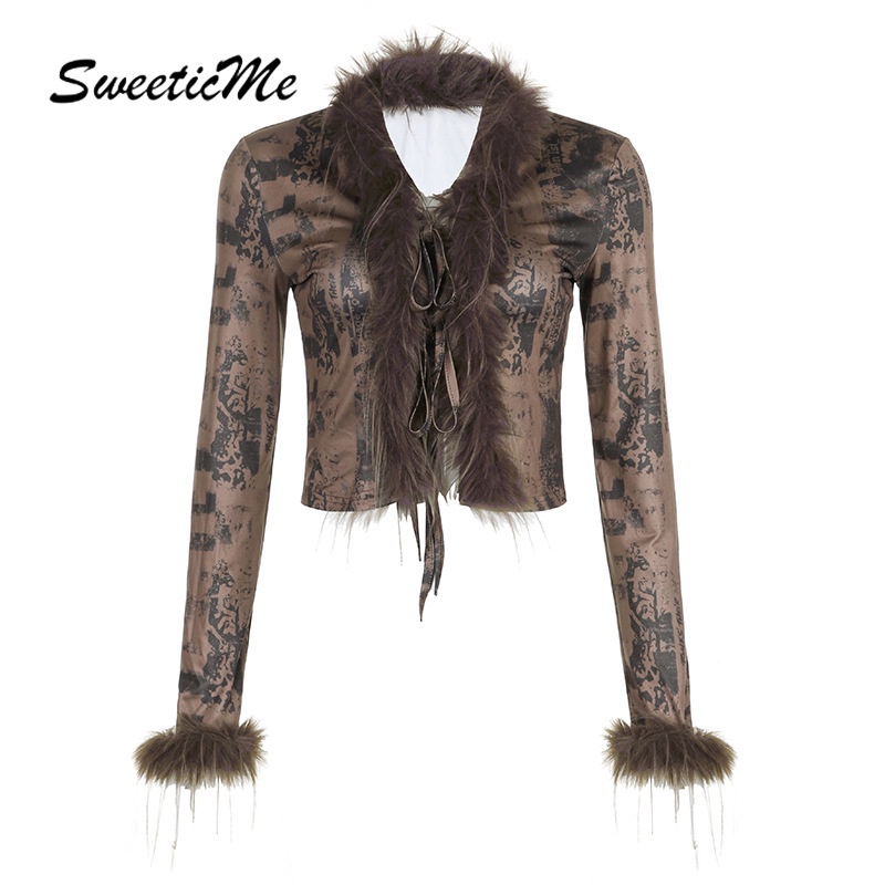 Sweeticme เสื้อคาร์ดิแกน แขนยาว พิมพ์ลาย สไตล์เรโทร เข้ากับทุกการแต่งกาย แฟชั่นสําหรับผู้หญิง 2024