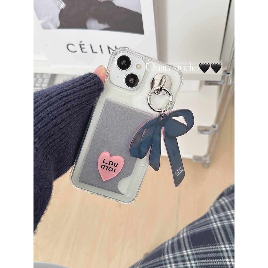 เคสมือถือ แบบแข็ง ประดับโบว์ สีเทา สีชมพู สไตล์เกาหลี สําหรับ 15pro 14promax 13 12 11