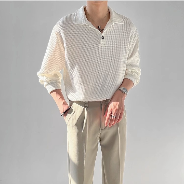 IELGY ฤดูใบไม้ผลิและฤดูใบไม้ร่วงเสื้อยืดแขนยาวผู้ชายคอปกโปโลสไตล์เกาหลีหลวมอินเทรนด์แบรนด์ลําลอง จุดต่ําสุด สูงสุด - รูปที่ 5