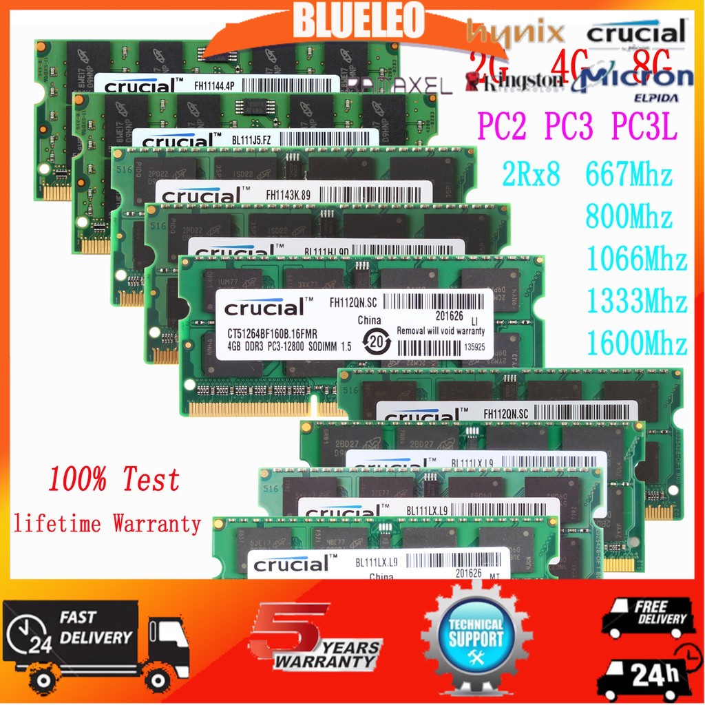 Crucial แรมหน่วยความจําแล็ปท็อป 2G 4G 8G DDR2 DDR3 DDR3L RAM 667Mhz 800Mhz 1066Mhz 1333Mhz 1600Mhz PC2 PC3 PC3L 5300 6400 8500 10600 12800 DIMM