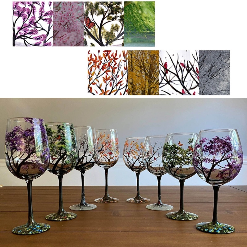 HIk แก้วคริสตัลทาสี Goblet Creative มือวาด Four Seasons แก้ว Goblet
