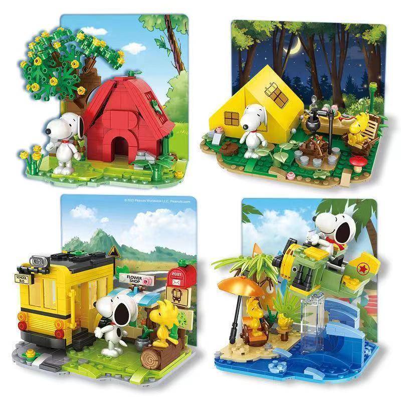 ของแท้ Snoopy Series Camping Coffee School Bus Street View ประกอบบล็อกตัวต่อของขวัญเด็กการ์ตูนอะนิเม