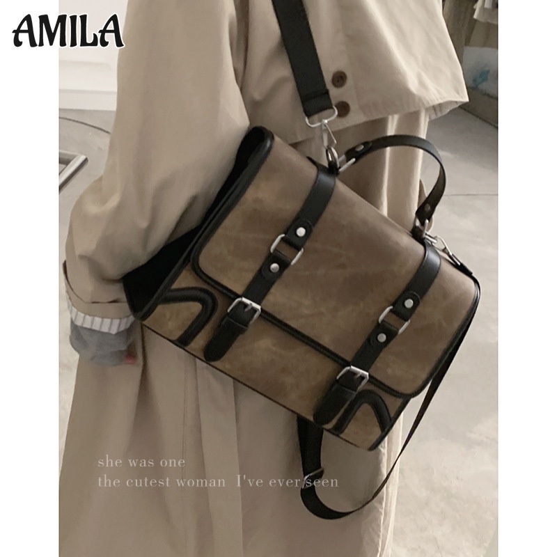 Amila กระเป๋าเป้สะพายหลัง กระเป๋าสะพายไหล่ อเนกประสงค์ ขนาดใหญ่ จุของได้เยอะ สไตล์เรโทร แฟชั่นสําหรับสตรี