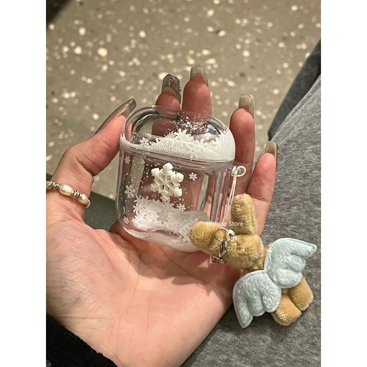 กรณี AirPods Pro 1 2 3 4 ย้ายหิมะภายในกรณี ทีพียู ใสสําหรับแอปเปิ้ลไร้สายบลูทูธหูฟังชุดหูฟังป้องกันด้วยเชือกเส้นเล็กกระต่าย