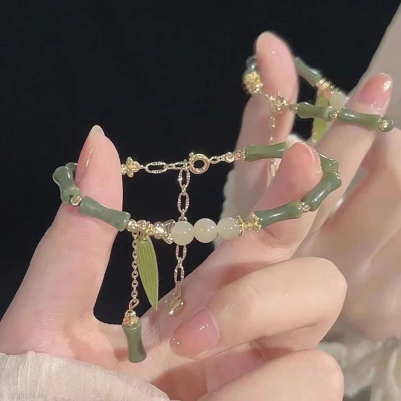 เครื่องประดับ สร้อยข้อมือ กําไลข้อมือ ประดับลูกปัดไม้ไผ่เทียม หรูหรา สามารถปรับได้ สไตล์จีนวินเทจ สําหรับผู้หญิง