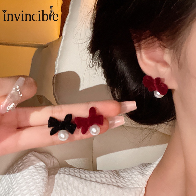 ต่างหูสตั๊ด ประดับโบว์ มุก กํามะหยี่ สีแดง หรูหรา เครื่องประดับ สําหรับผู้หญิง ปาร์ตี้ ของขวัญ