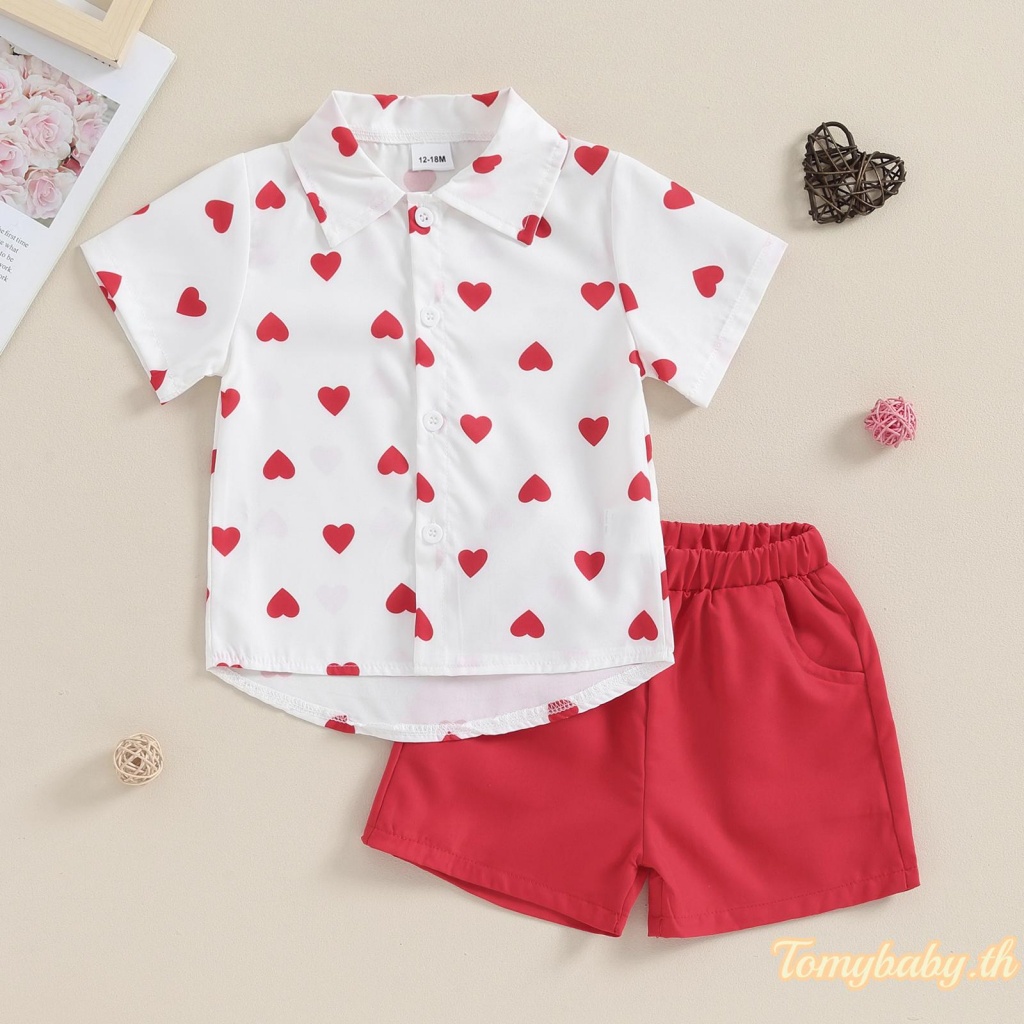 Tomybaby- ชุดเสื้อเชิ้ต แขนสั้น พิมพ์ลายหัวใจ + กางเกงขาสั้น เอวยางยืด แฟชั่นฤดูร้อน สําหรับเด็กผู้ชาย 2 ชิ้น