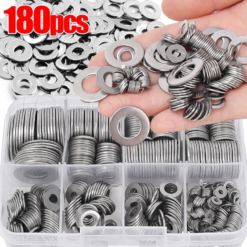 ปะเก็นแหวนซีล สเตนเลส M2-M10 ทรงกลม แบน คุณภาพสูง สําหรับซ่อมแซม 180 ชิ้น ต่อกล่อง