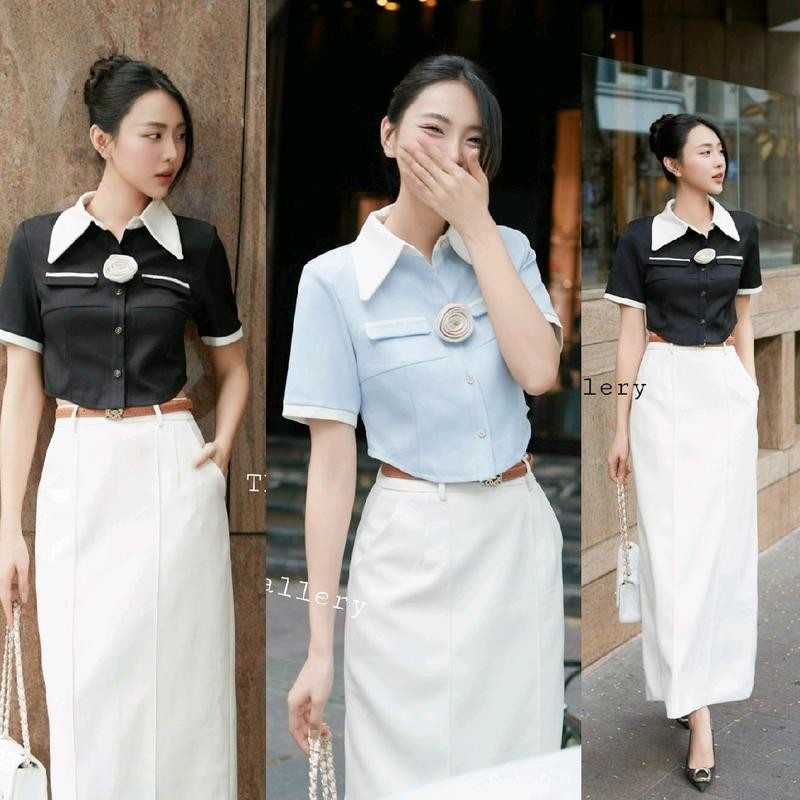 Hiso l (พร้อมส่ง) The gallery20 21 ชุดเซ็ตเสื้อ+กระโปรง+เข็มขัดคอปกสวยหรู  H.closet