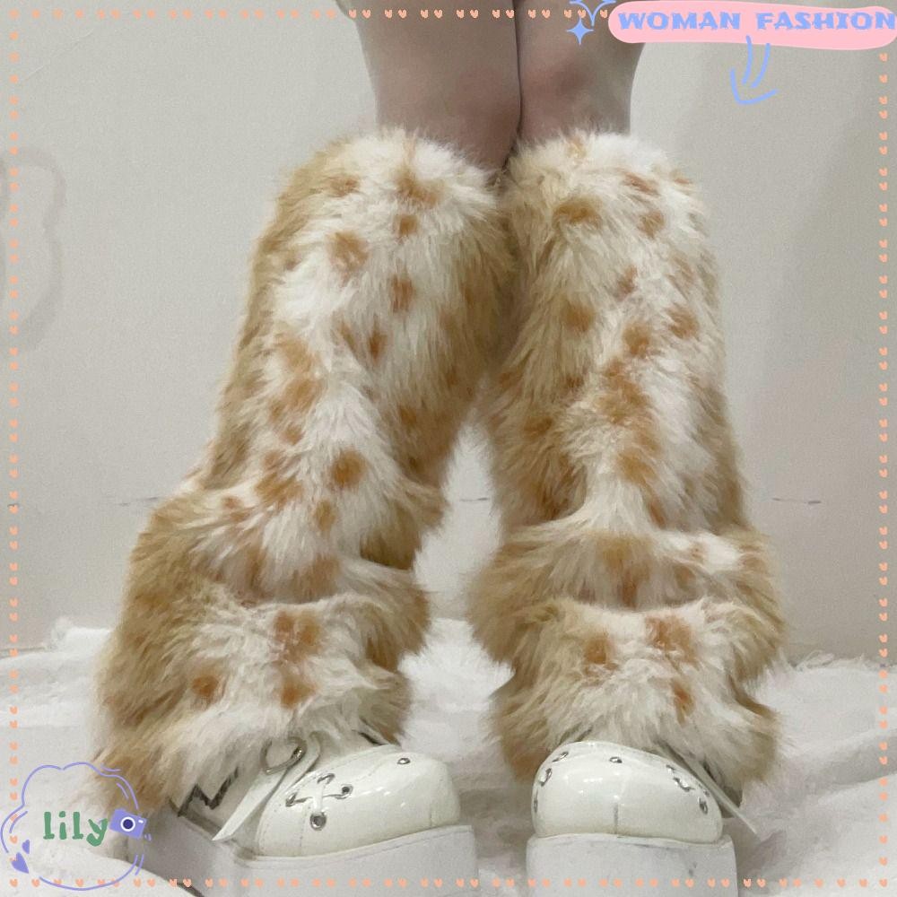 Lily Plush Leggings Boots Cover, Winter Warm Leopard Print Fur Leg Warmers, Fashion Thicken Harajuku
