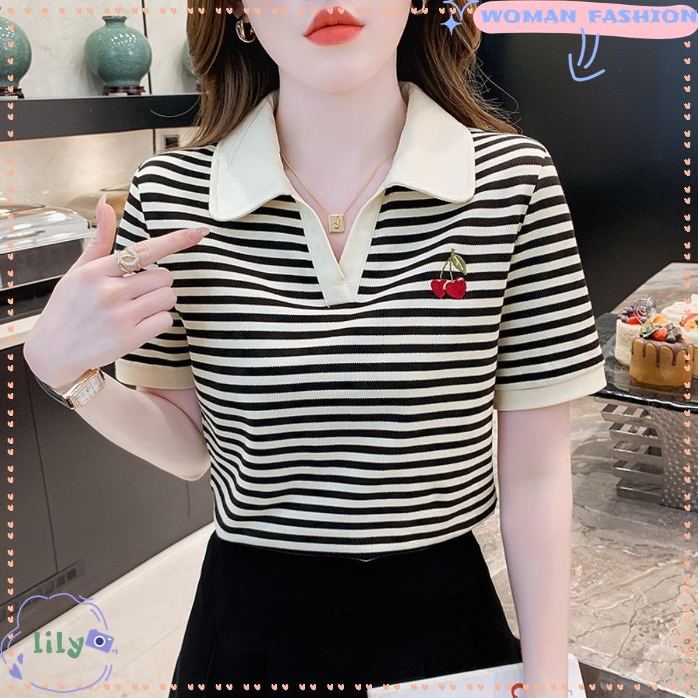 Lily เสื้อยืดคอโปโลลายทาง, เสื้อสวมหัวลายทางสีดําและสีขาวฤดูร้อนแขนสั้น, เสื้อผ้าผู้หญิงเรียบง่าย