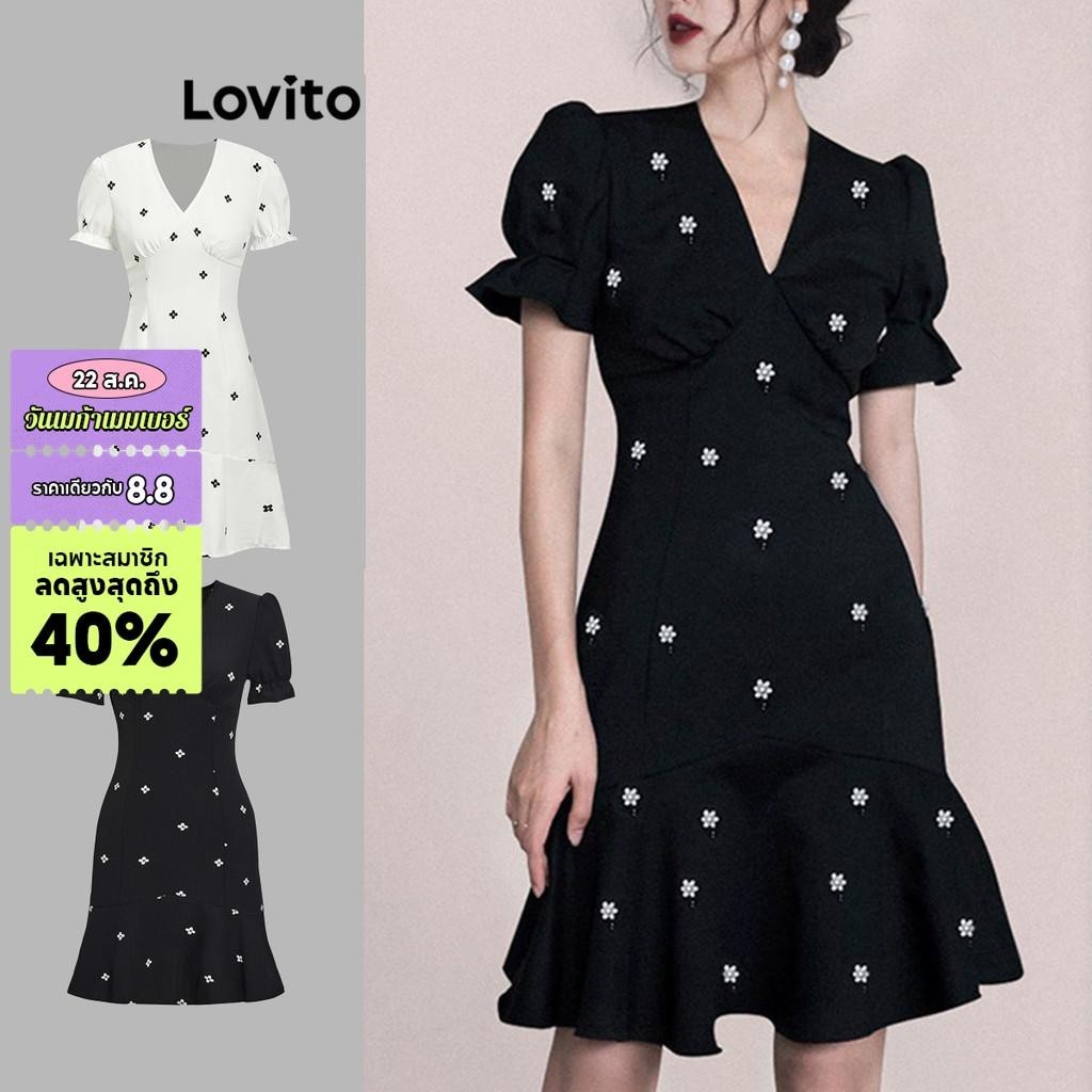 Lovito เดรสผู้หญิง ลายดอกไม้ ชายมีระบาย สไตล์หรูหรา L68ED181 (สีดำ)