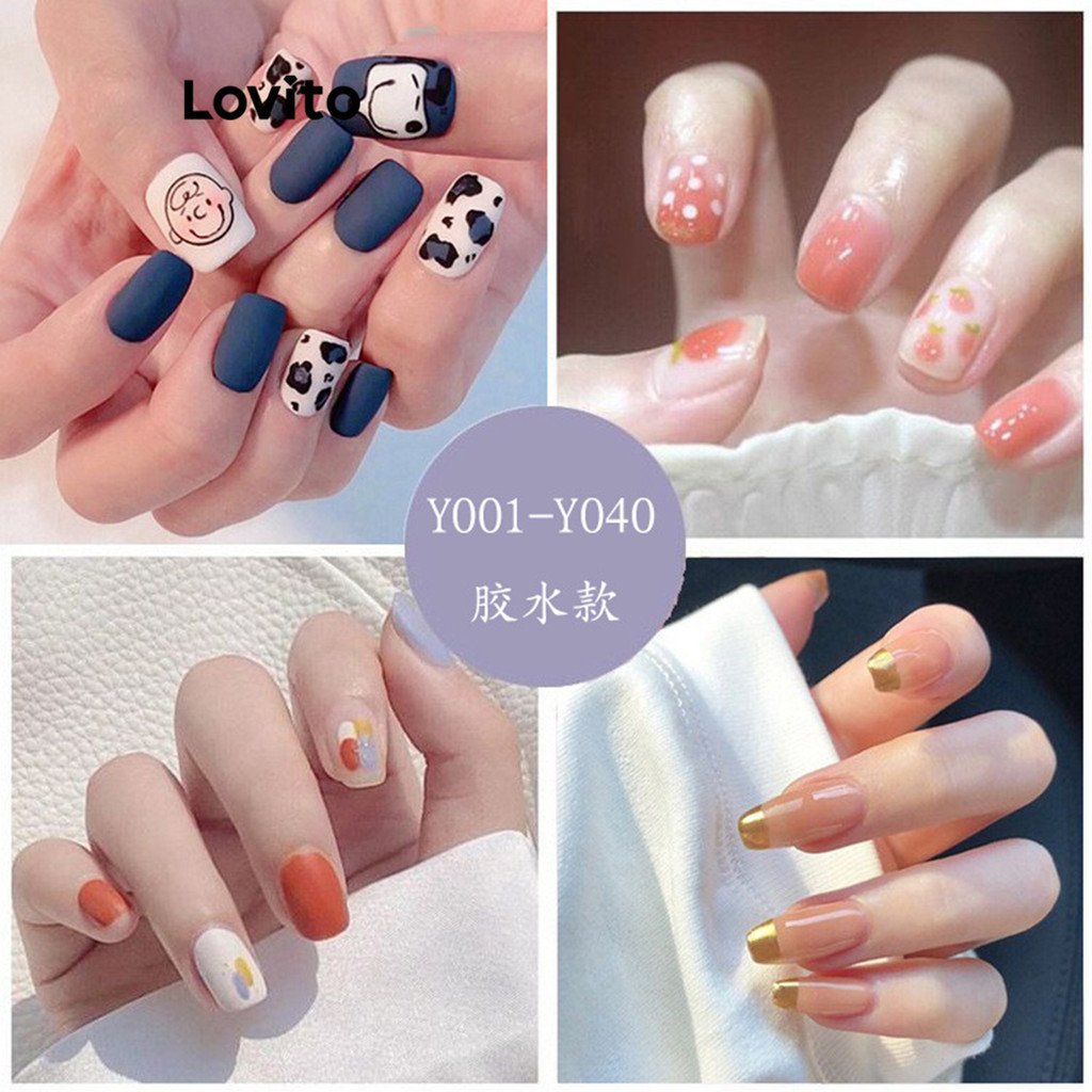 Lovito เล็บปลอม แบบกดติด ปลายเล็บไม่หักง่าย แนวทิปเฟรน สีเรียบ สไตล์ลำลอง LBT03111