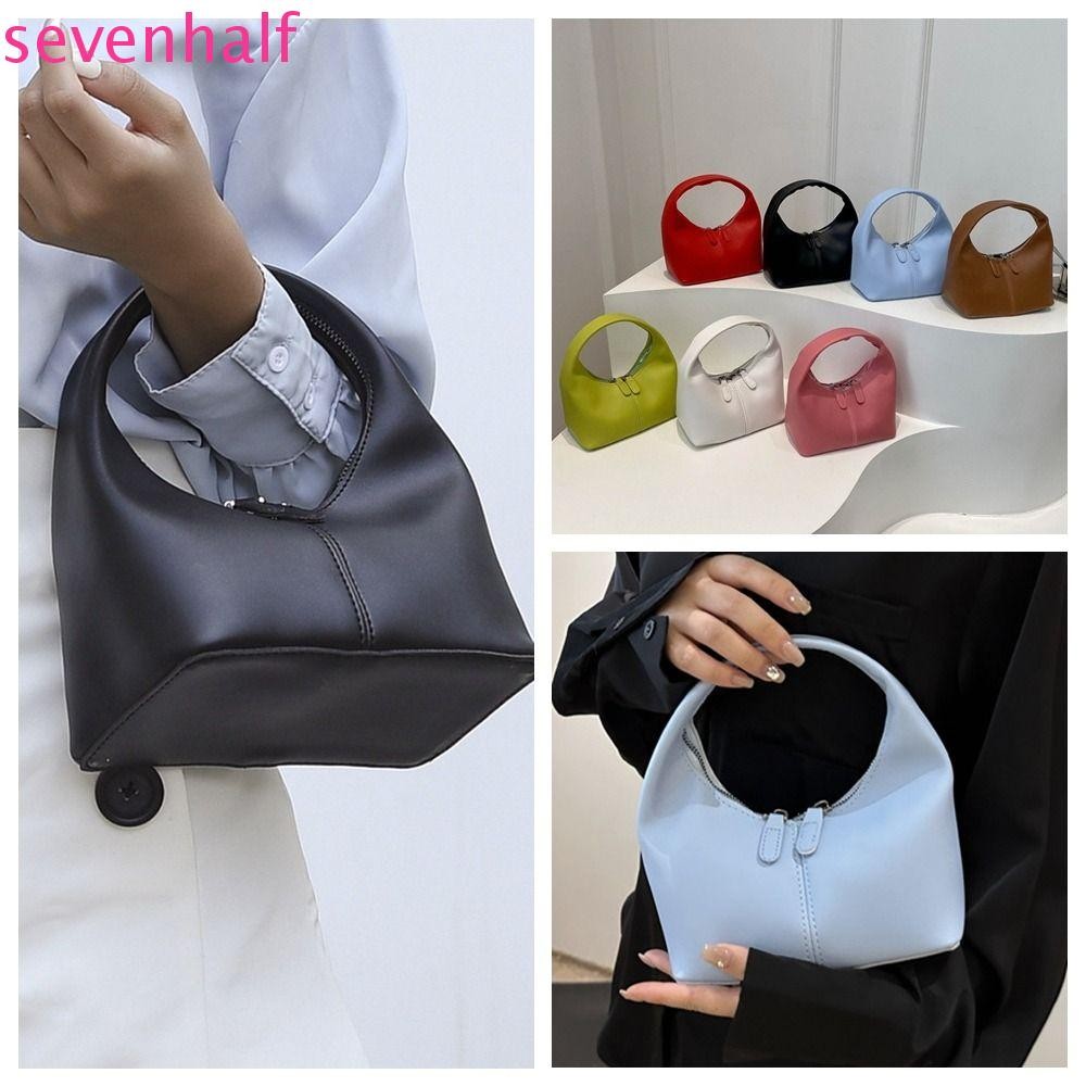 Sevenhalf กระเป๋าถือหนัง Pu ทรง Crescent สีลูกกวาด สําหรับผู้หญิง พกพาสะดวกแฟชั่น