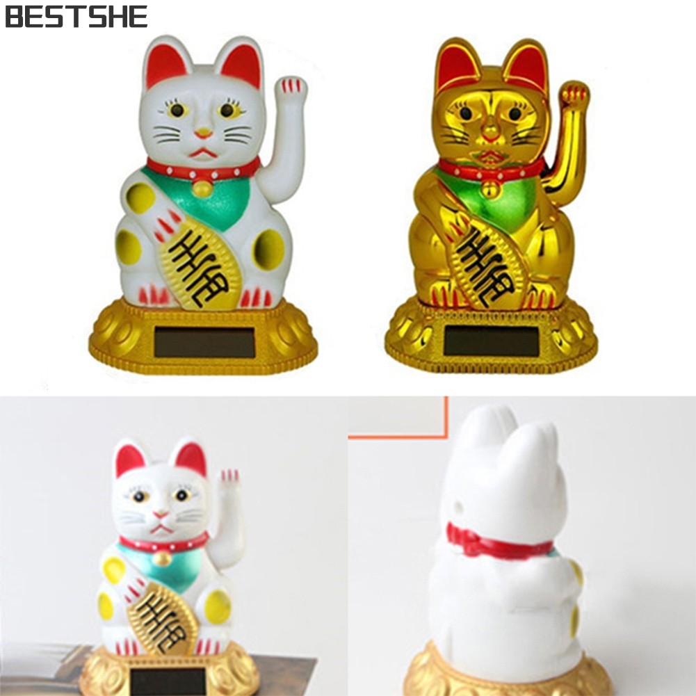 {bestshe} Lucky Cat Gold Waving Solar Powered Chinese Fortune Gold Maneki Neko