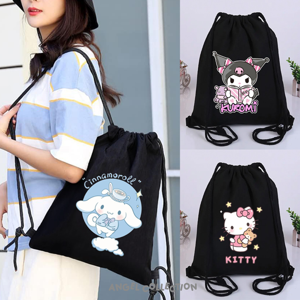 ENJEL String Bag กระเป๋าหูรูดสีดํา 100% ผ้าใบการ์ตูน Sanrio ขนาด 30x40 Enjel Collection | Kuromi Hello Kitty Cinnamoroll My Melody Badtz Maru Pochacco Pompompurin Kerppi Little Twin Stars