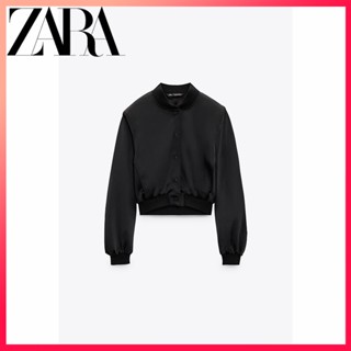 Zara ใหม่ TRF เสื้อแจ็กเก็ตบอมเบอร์ ผ้าไหมซาติน ตัวสั้น สําหรับผู้หญิง