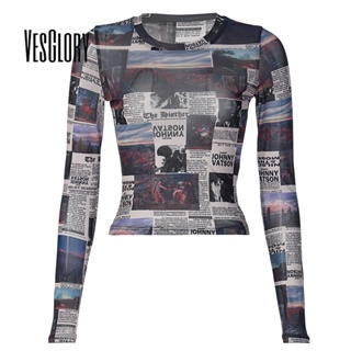 Vesglory เสื้อครอปท็อปแขนยาว คอกลม พิมพ์ลาย สีตัดกัน แฟชั่นสําหรับสตรี 2023