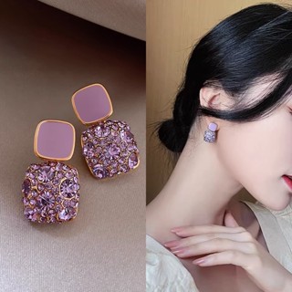 เครื่องประดับ ต่างหูระย้า ประดับคริสตัล ทรงสี่เหลี่ยม สีม่วง แฟชั่นวินเทจ สไตล์เกาหลี สําหรับผู้หญิง