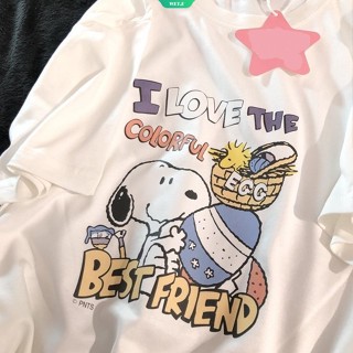 ใหม่ เสื้อยืดแขนสั้นลําลอง ผ้าฝ้าย ทรงหลวม ลายการ์ตูน Snoopy น่ารัก เหมาะกับฤดูร้อน สําหรับผู้ชาย และผู้หญิง 2023