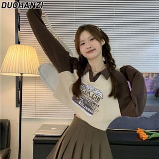 Duohanzi เสื้อยืดโปโล แขนยาว พิมพ์ลาย เรียบง่าย สําหรับผู้หญิง