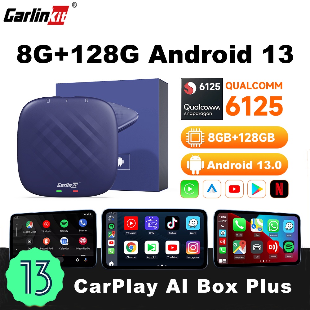 Carlinkit CarPlay Ai กล่องทีวีไร้สาย Android13 8+128GB QCM 8-Core 6125 Android Auto YouTube Netflix IPTV 4G LTE