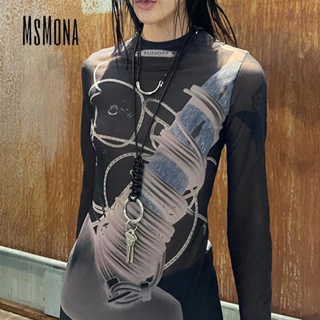 Msmona ใหม่ เสื้อยืดลําลอง แขนสั้น เข้ารูป พิมพ์ลาย เซ็กซี่ แฟชั่นสําหรับสตรี 2023