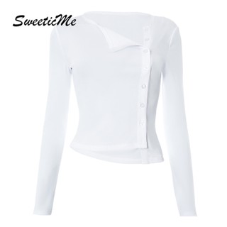 Sweeticme ใหม่ เสื้อยืดลําลอง แขนยาว ทรงสลิมฟิต สีพื้น ไม่สมมาตร แฟชั่นสําหรับสตรี 2023