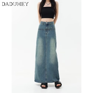 DaDuHey🎈 Korean Style Women Ins High Street High Waist Slit Denim Skirt 2023 New Autumn A- Line Sheath Long Skirt