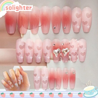 SOLIGHTER เล็บปลอม แบบเต็มรูปแบบ ถอดออกได้ สีชมพู สไตล์ฝรั่งเศส จํานวน 24 ชิ้น