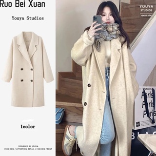 Ruo Bei Xuan เสื้อโค้ท ผ้าขนสัตว์ ทรงหลวม สไตล์เกาหลี สําหรับผู้หญิง