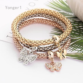 Yonger สร้อยข้อมือ กําไลข้อมือ จี้คริสตัล รูปผีเสื้อ หัวใจ หลายชั้น 3 ชิ้น สําหรับผู้หญิง